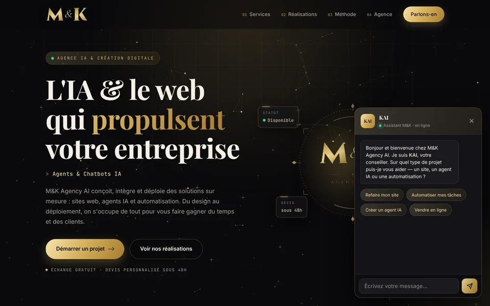 Page d'accueil du site M&K Agency AI avec la fenêtre de KAI ouverte